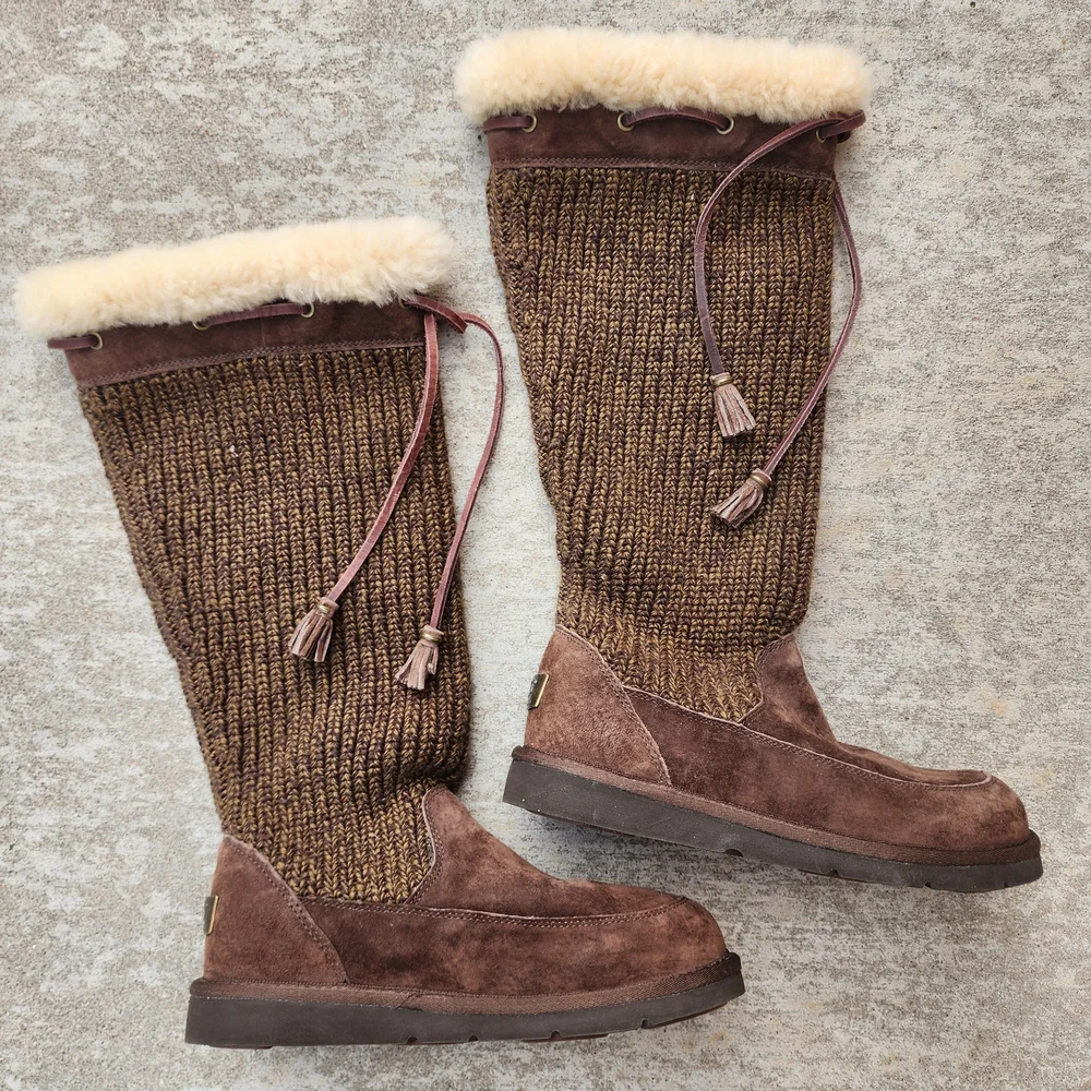 UGG Suburb Crochet Knit Tall Boots Women Size 8, Brown Leather‎ Sheepskin